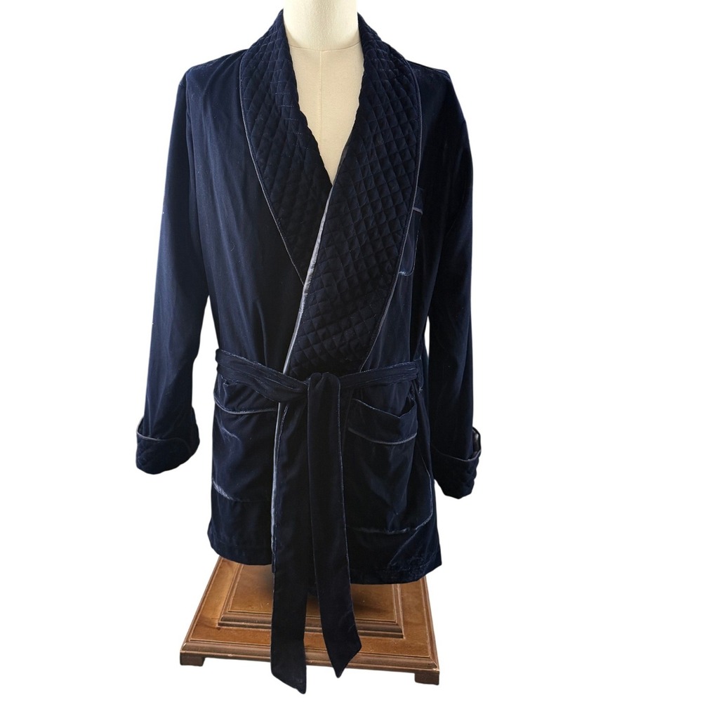 Hart Schaffner Marx Smoking Jacket Mens One Size Navy Blue Velvet Quilted Robe